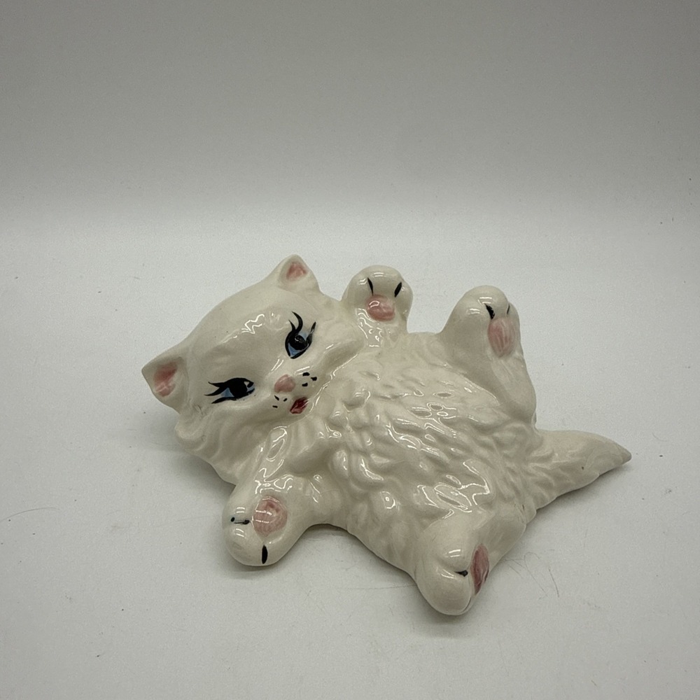 Ceramic White Persian Kitty Cat Figurine Playful Laying On Back Blue Eyes Vintag